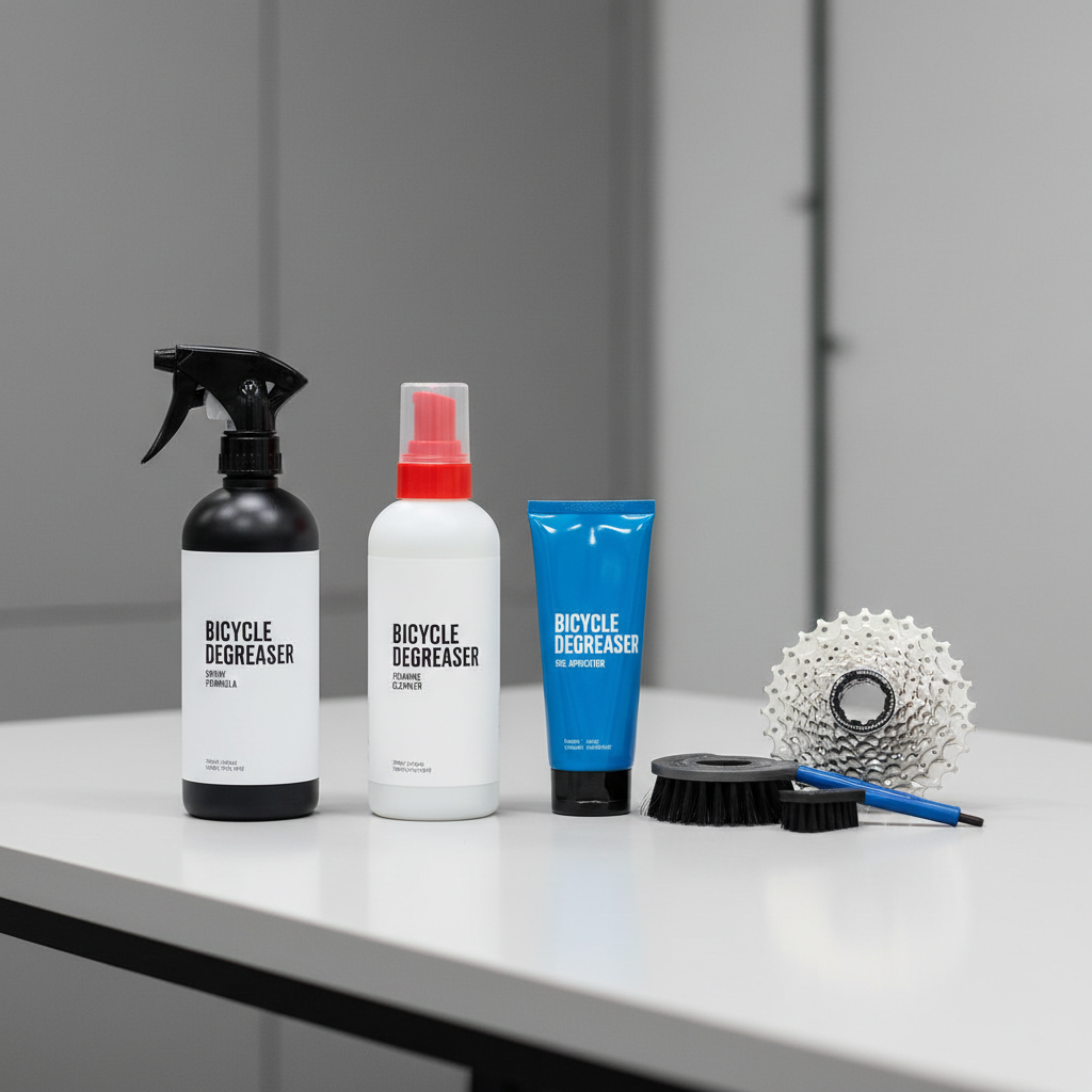 Comparison of bike degreaser types spray foam gel and citrus cleaner on a workbench