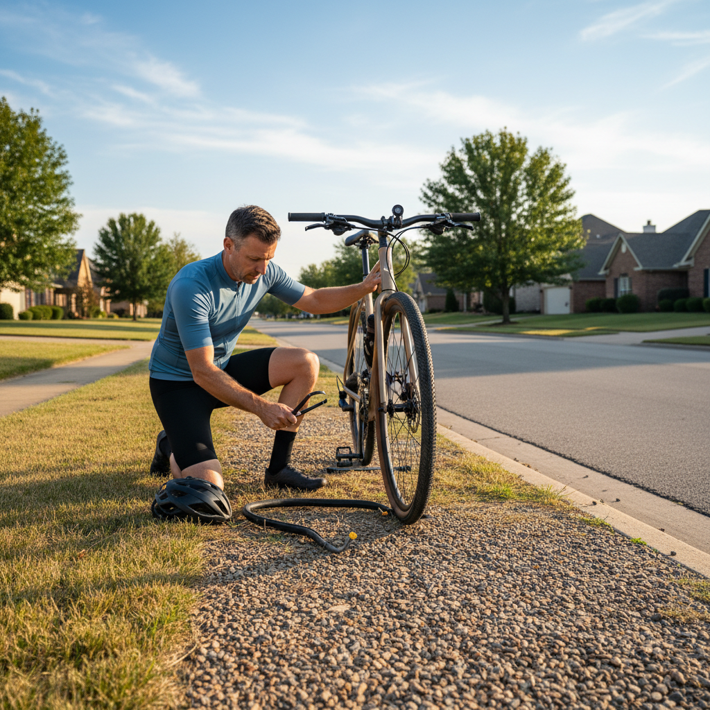 Cyclist repairing a flat tire roadside with a mini pump and tire levers