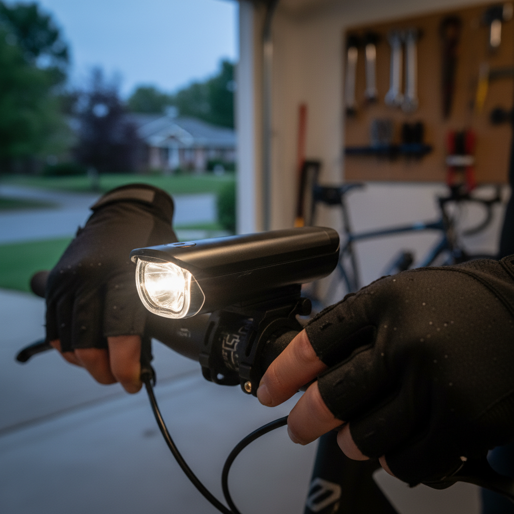 Cyclist adjusting handlebar bike light angle for safe beam aim