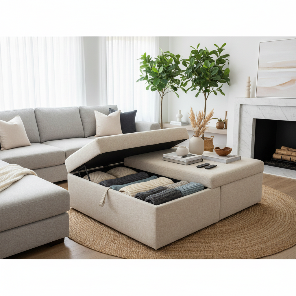 Modern living room with a storage ottoman used as a coffee table and hidden storage