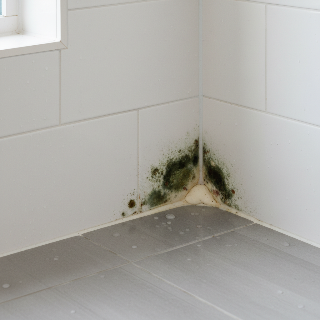 Mold growing in bathroom corner grout and caulk line