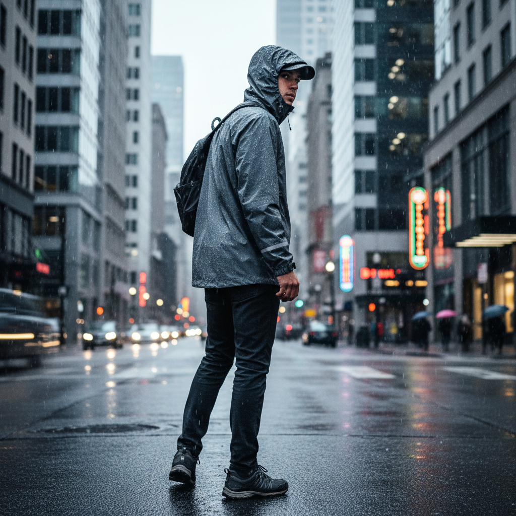 Traveler wearing a lightweight rain jacket with adjustable hood in city rain
