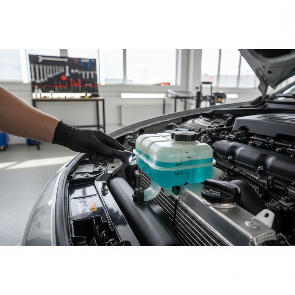 Car cooling system inspection with coolant reservoir and radiator