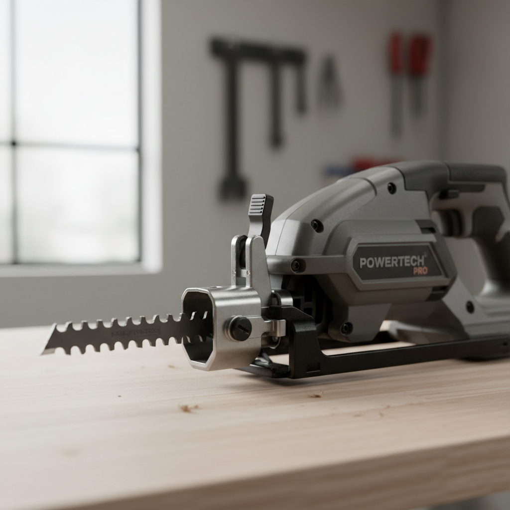 Reciprocating saw on a workbench with blade clamp visible for fast blade changes