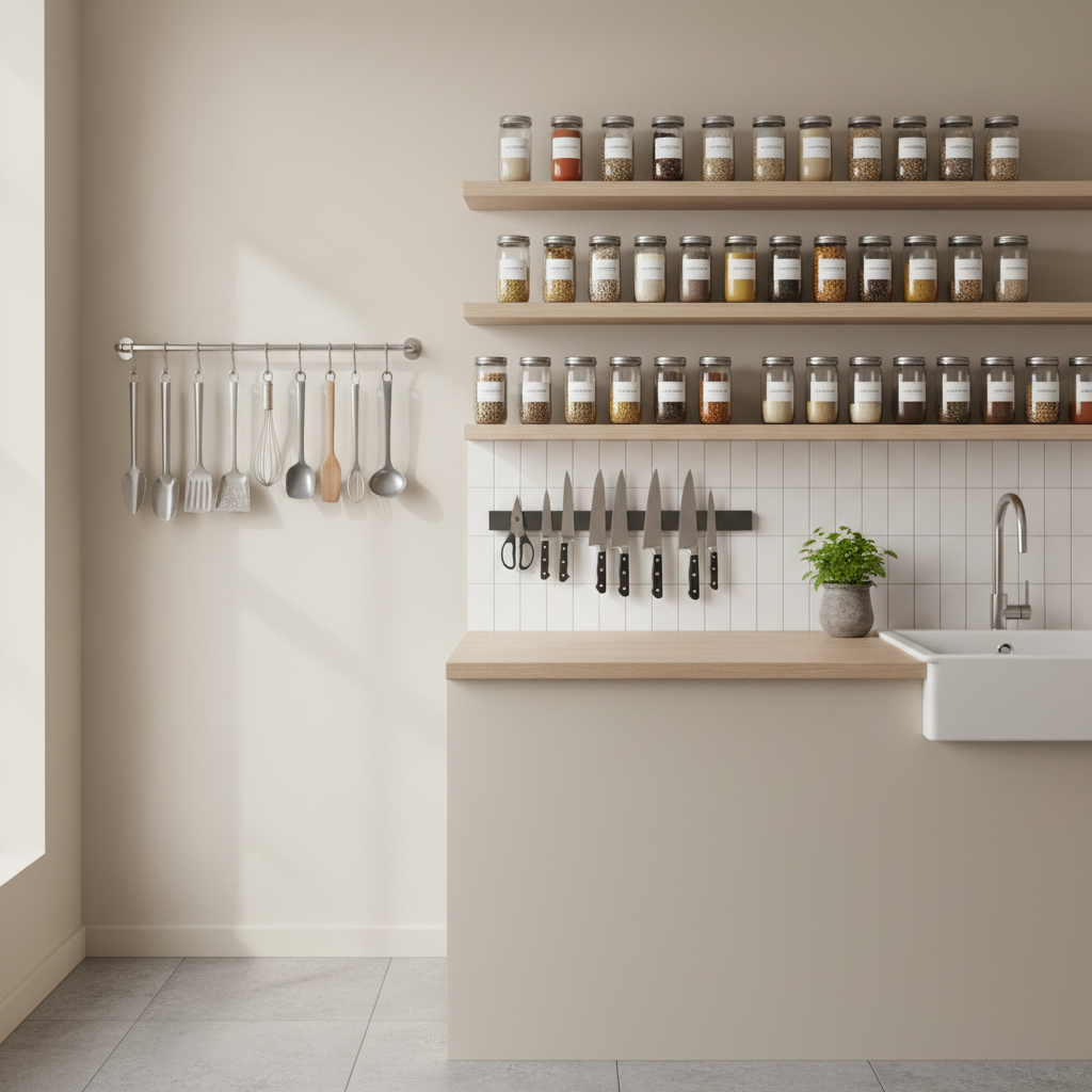 Vertical storage ideas for a small kitchen including wall rail and open shelves