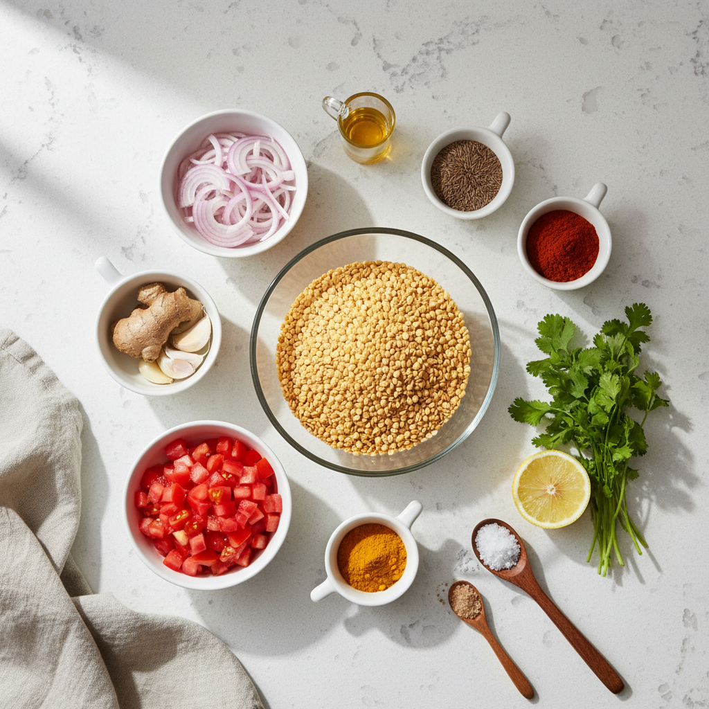 Simple dal fry ingredients laid out on a kitchen counter