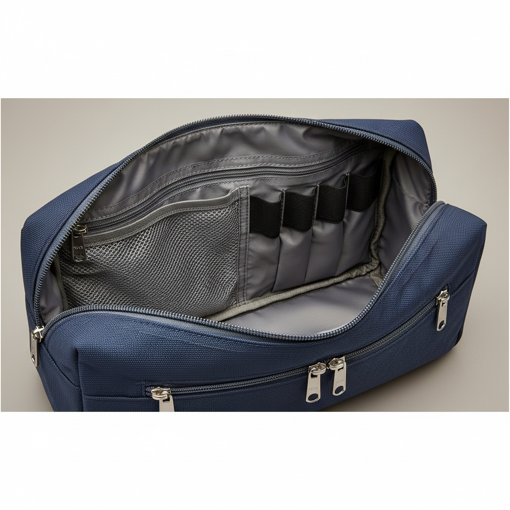 Close-up of water-resistant toiletry bag lining and compartments for bottles and makeup