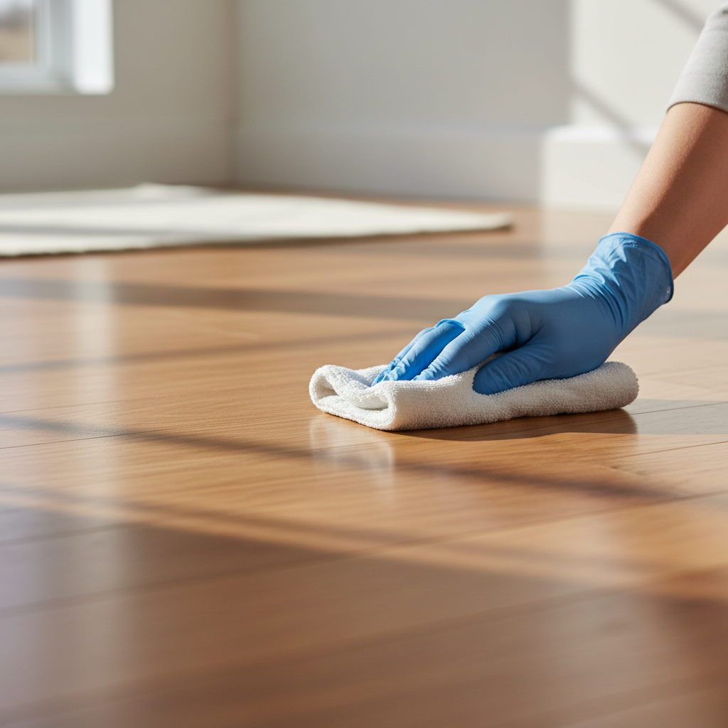 Hands buffing hardwood floor dry with microfiber cloth to prevent streaks
