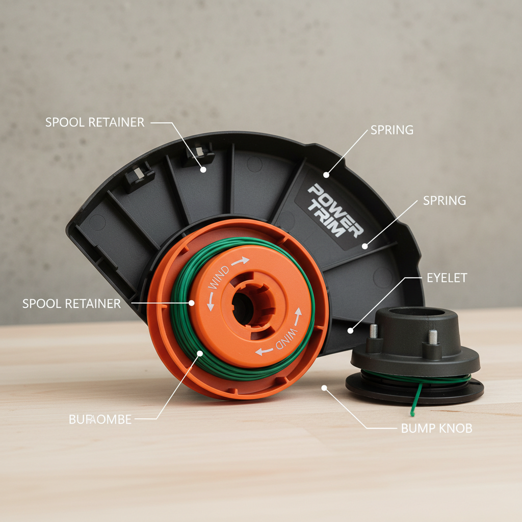 Close-up of trimmer head spool with arrow showing winding direction