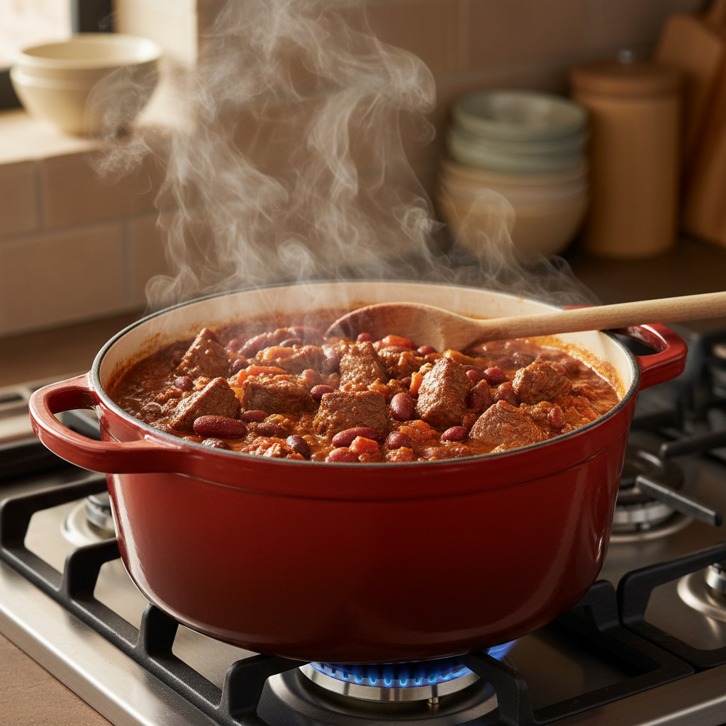 Thick beef chili simmering in a Dutch oven on a stovetop