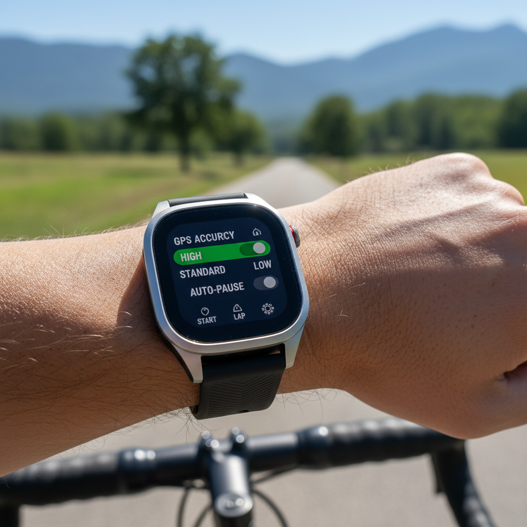 Smartwatch cycling settings screen showing GPS accuracy and activity mode