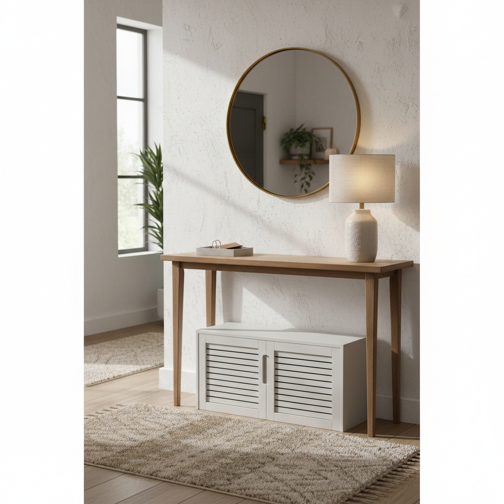 Small inviting entryway with mirror, slim console, and warm lighting