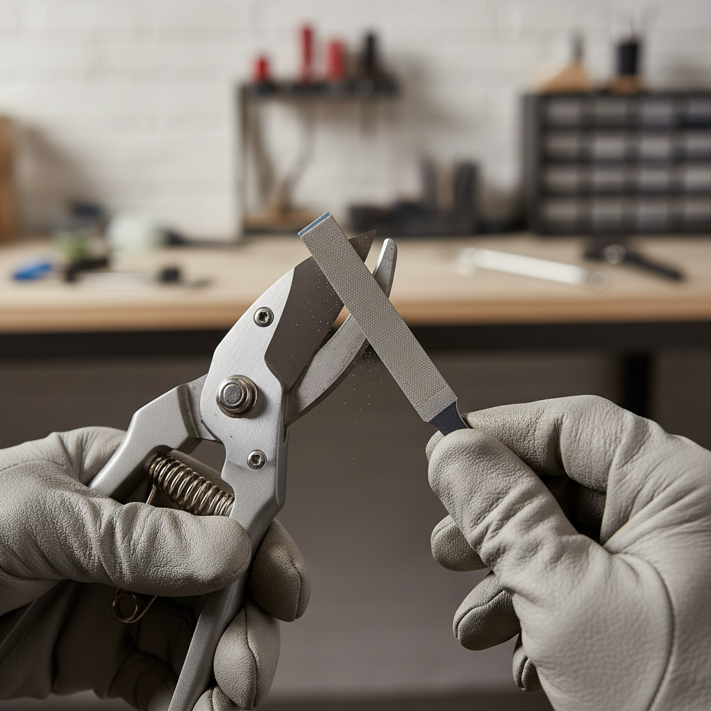 Close-up of sharpening angle on bypass pruning shears blade