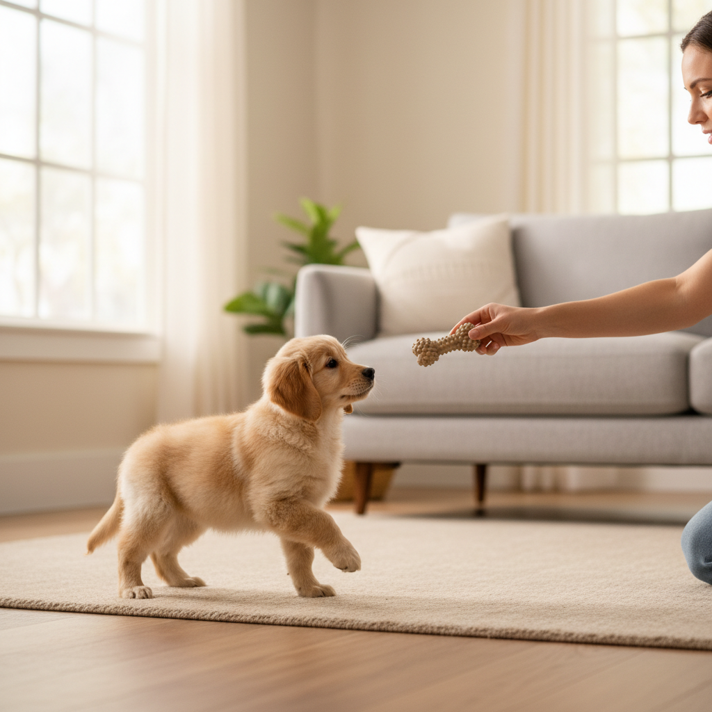Puppy being redirected from biting hands to a chew toy during training