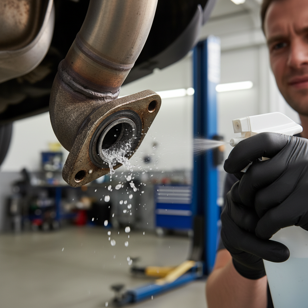 Soapy water bubble test on an exhaust joint to confirm a small leak