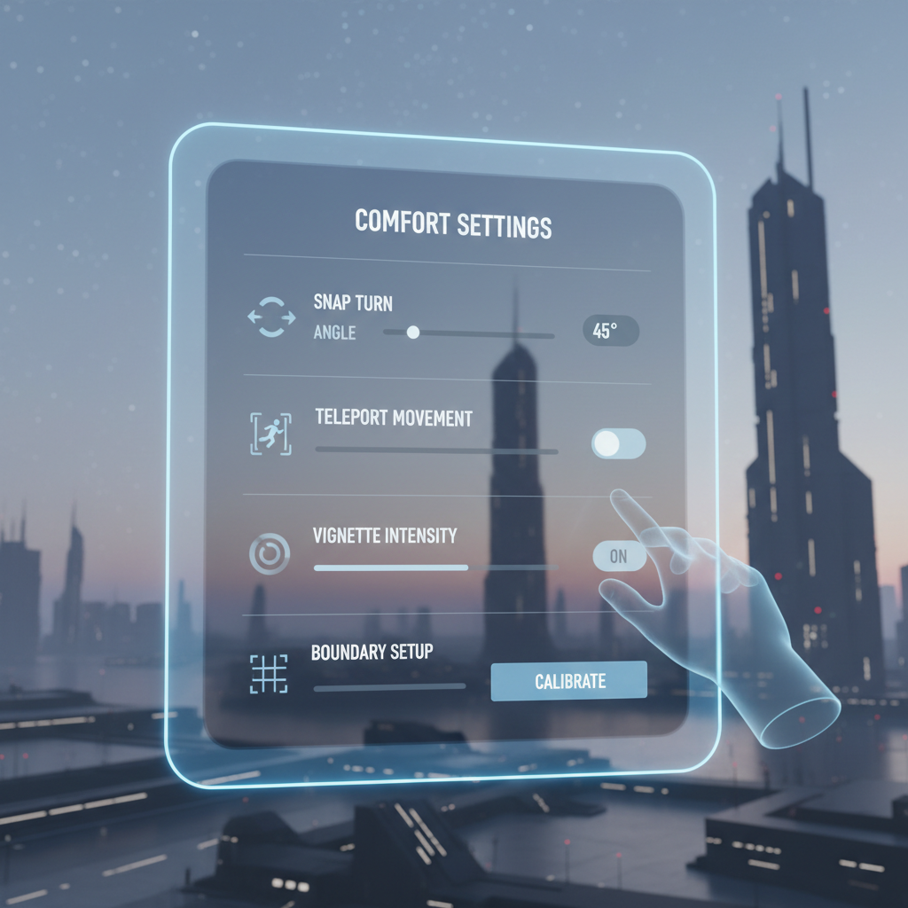 VR comfort settings menu showing snap turn and vignette options