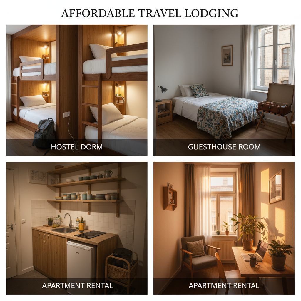 Choosing affordable lodging for long-term travel like hostels, guesthouses, and monthly rentals