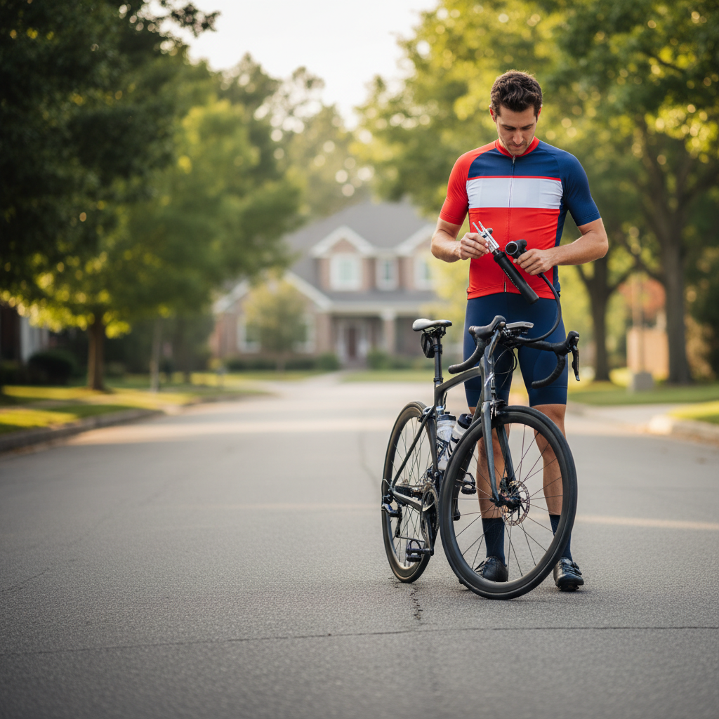 Cyclist checking a compact bike tool kit before a ride