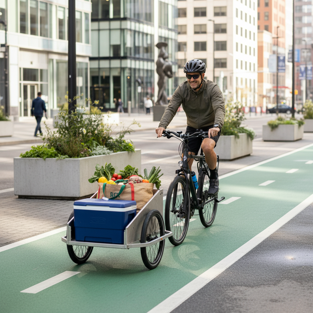 Bike trailer carrying groceries on a city bike lane