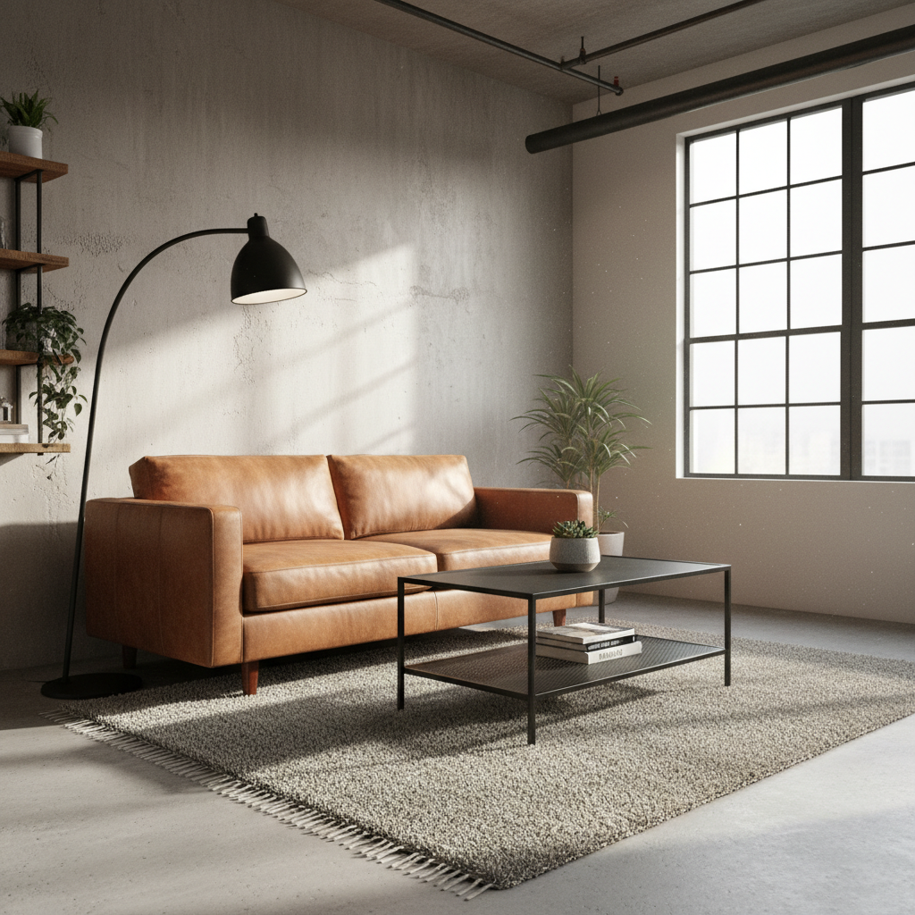 Industrial style apartment living room with warm leather and black metal accents