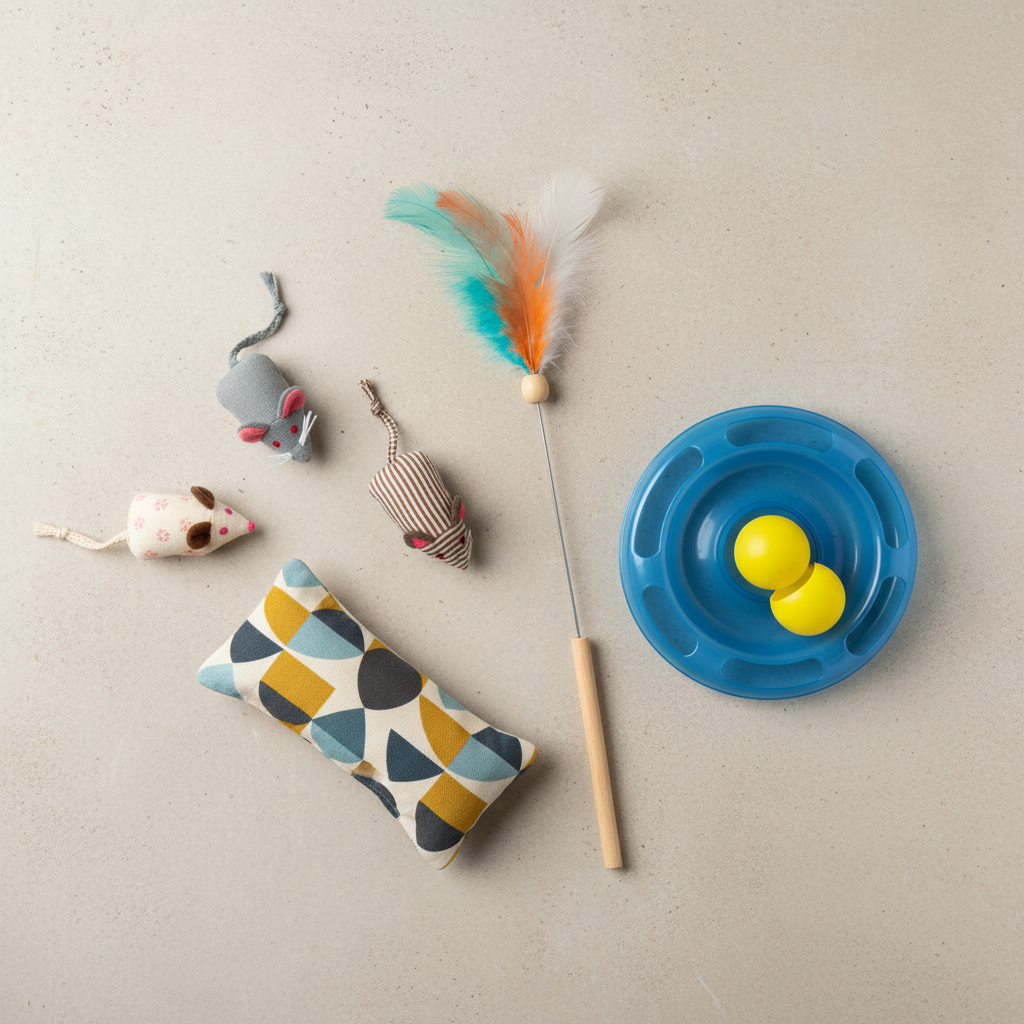 Assortment of safe kitten toys including plush prey, kicker toy, and track ball