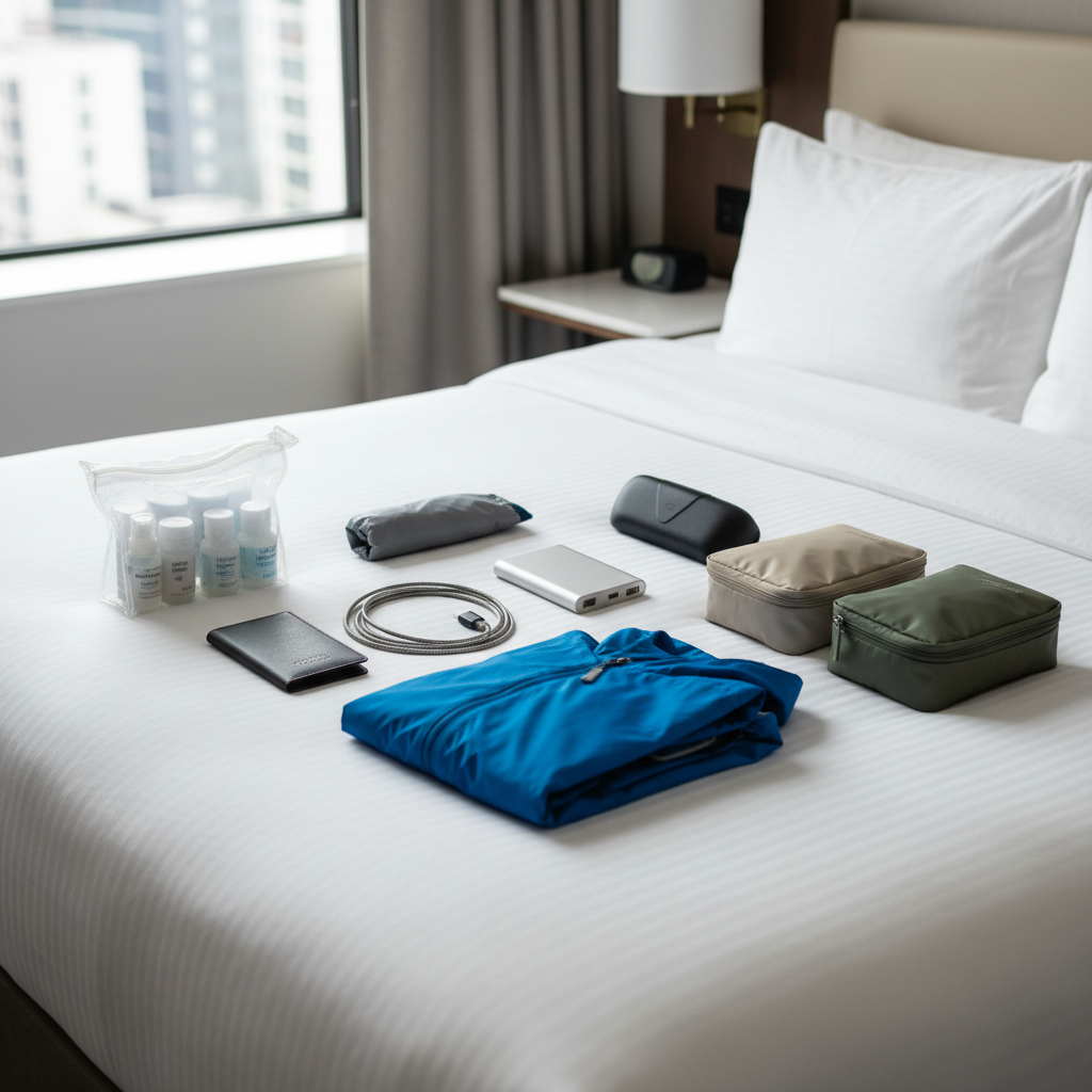 Organized carry-on pouch for island hopping flights in Seychelles