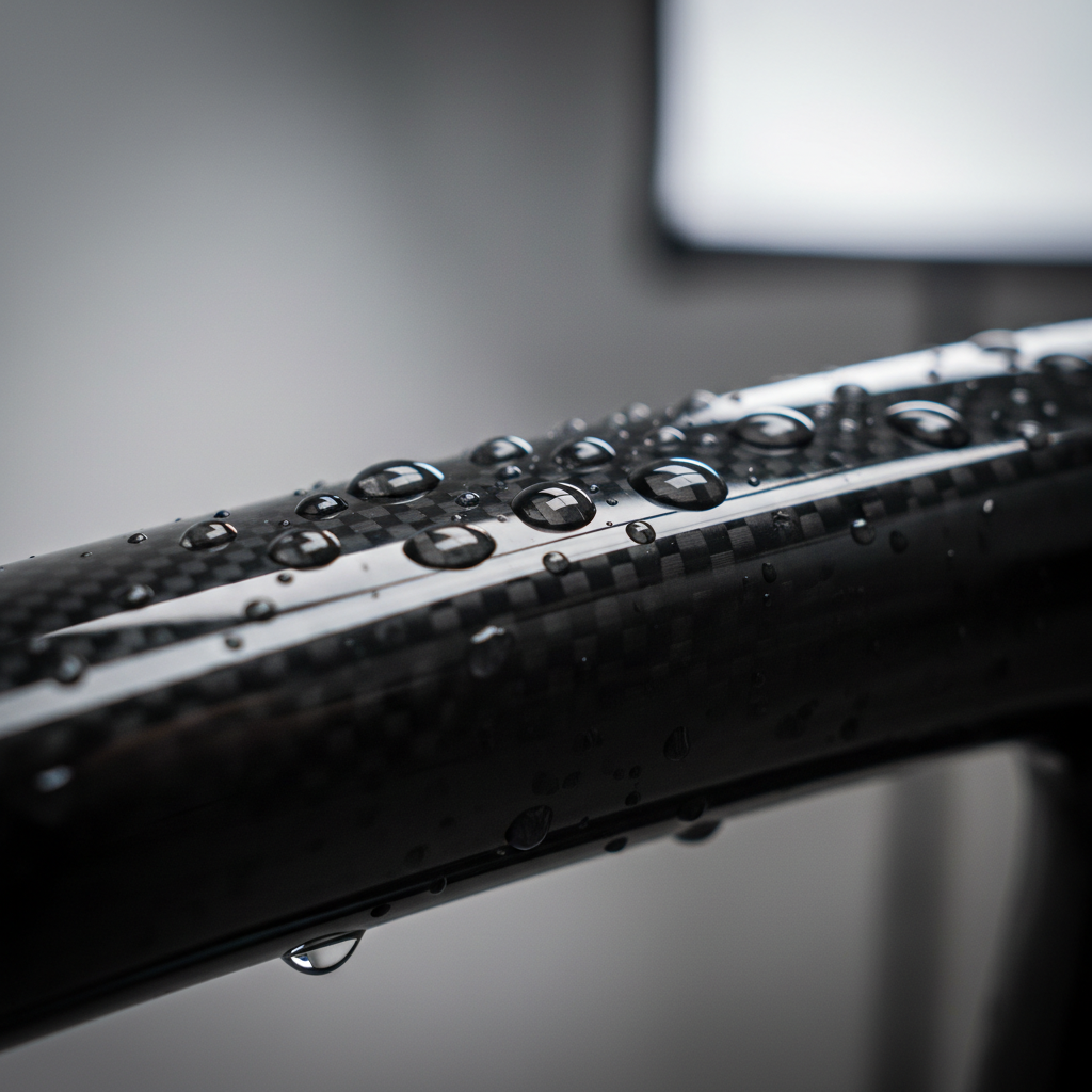 Close-up of water beading on a polished bicycle frame after sealant