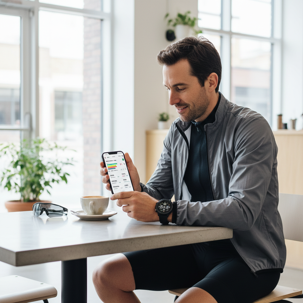 Cyclist reviewing training metrics from GPS watch on a smartphone app after a ride