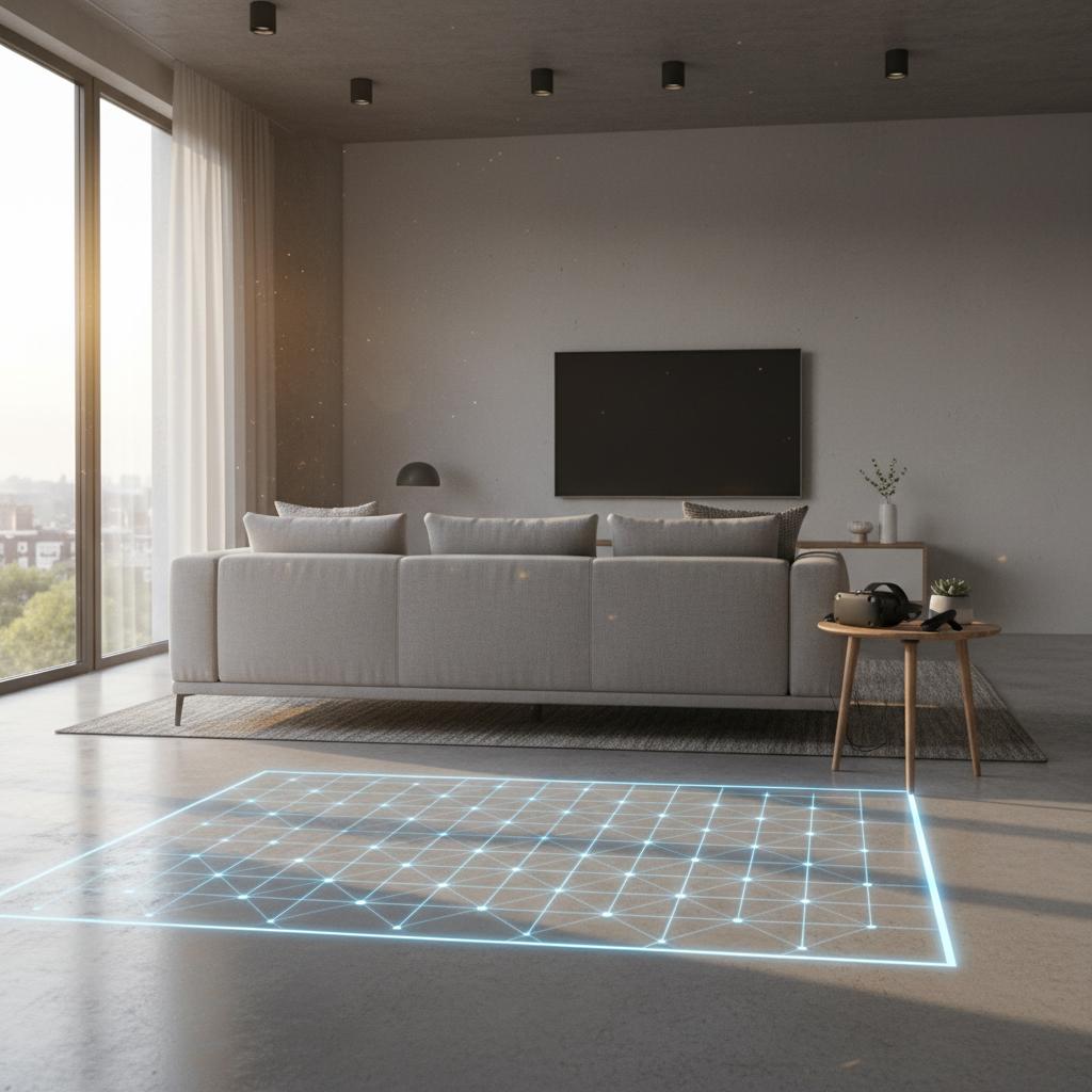 Living room VR play space with safety boundary and cleared floor area