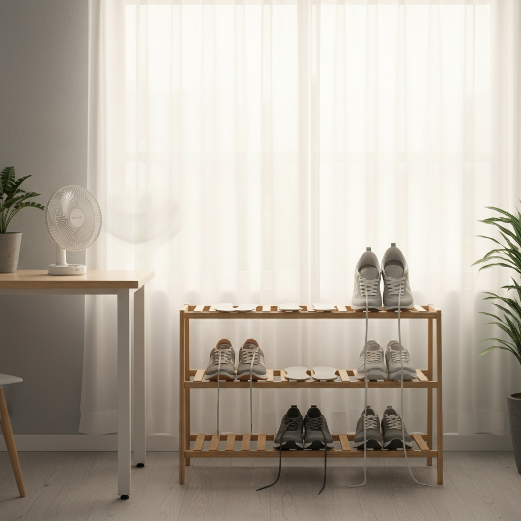 Proper shoe drying setup with insoles removed and airflow