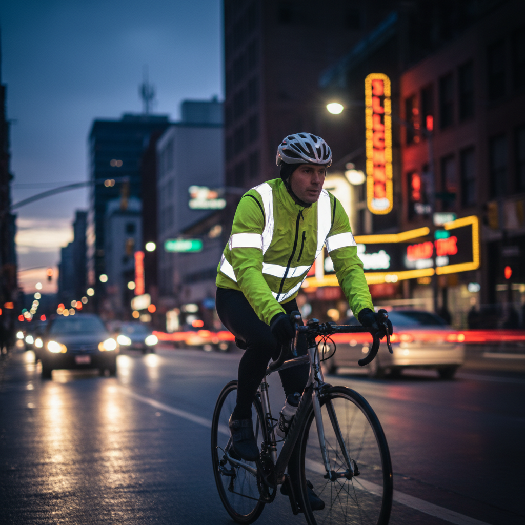 Cyclist wearing a reflective vest at dusk on a city street for visibility