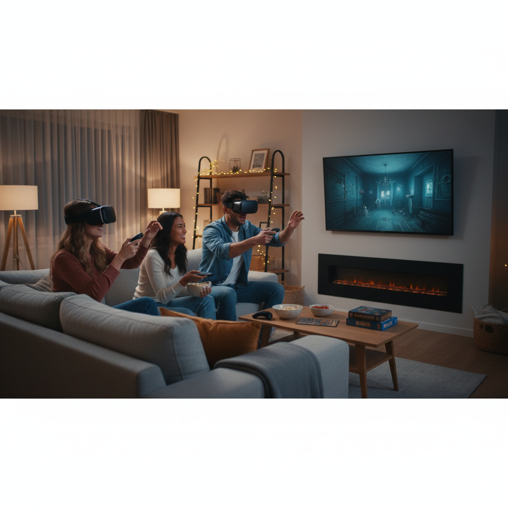 Friends playing co-op VR ghost hunting game in a living room setup