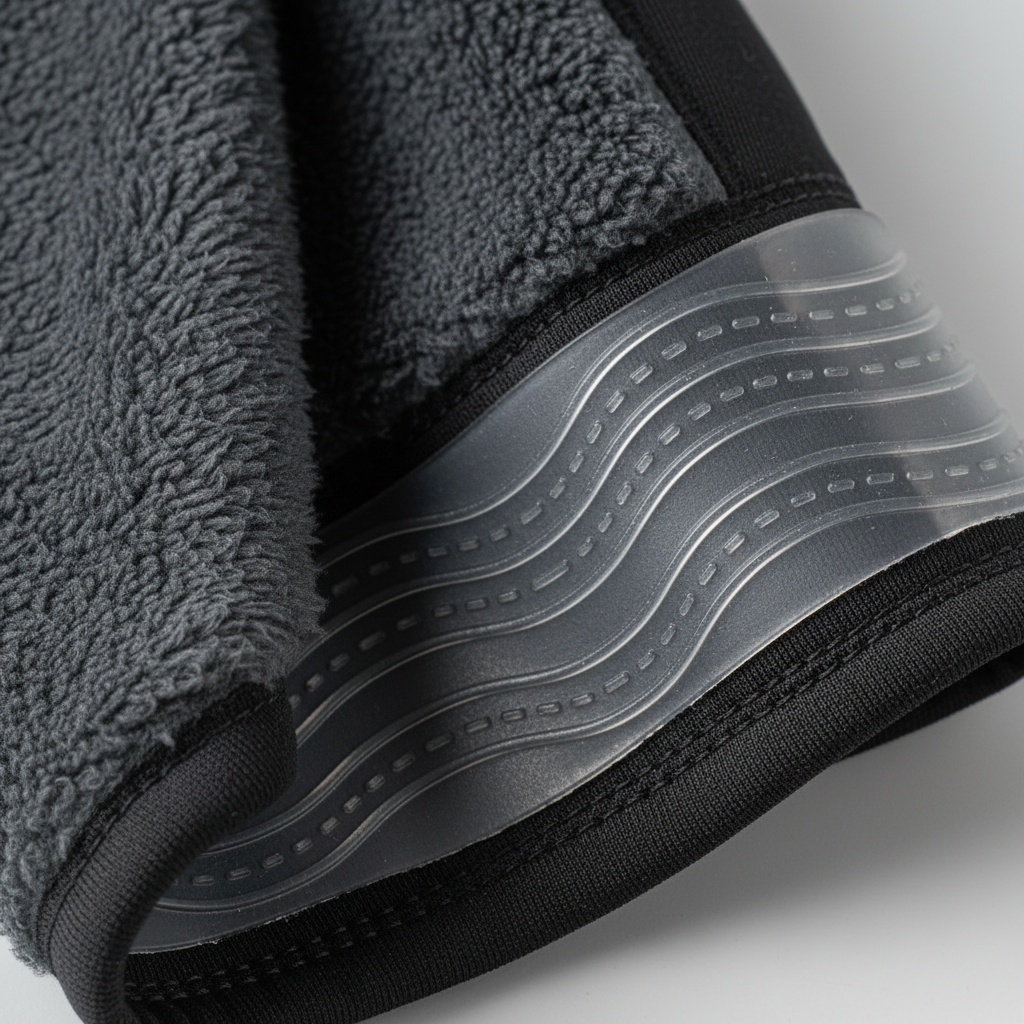 Close-up of thermal cycling leg warmer fabric with silicone gripper