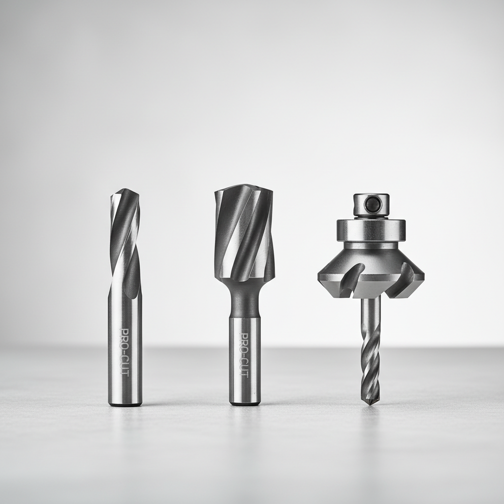 Different types of countersink bits: single flute, multi flute, and combo pilot countersink