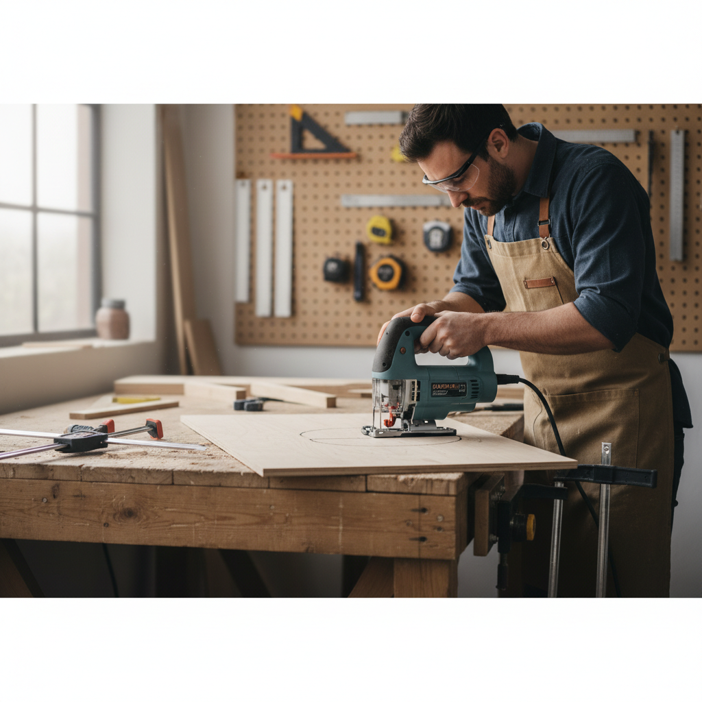 Woodworker using a jigsaw to cut a curved line in plywood on a workbench