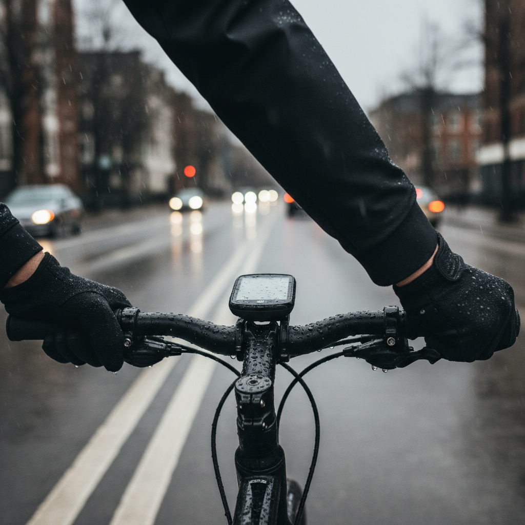 Full-finger cycling gloves for cold weather riding on a rainy road