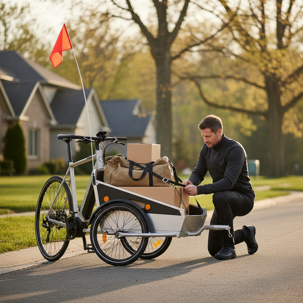 Rider securing cargo in a bike trailer with straps and reflectors visible