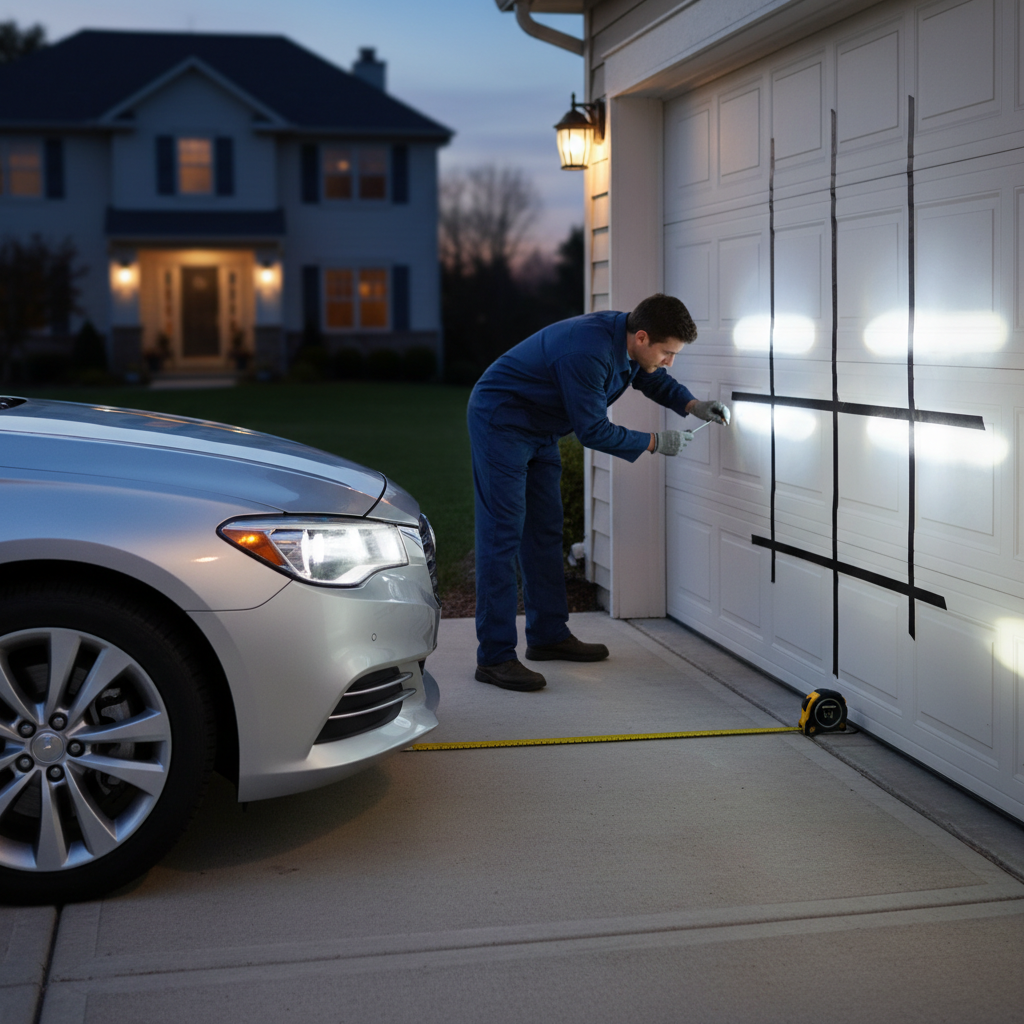 Driver aiming headlights against a garage wall with measuring tape