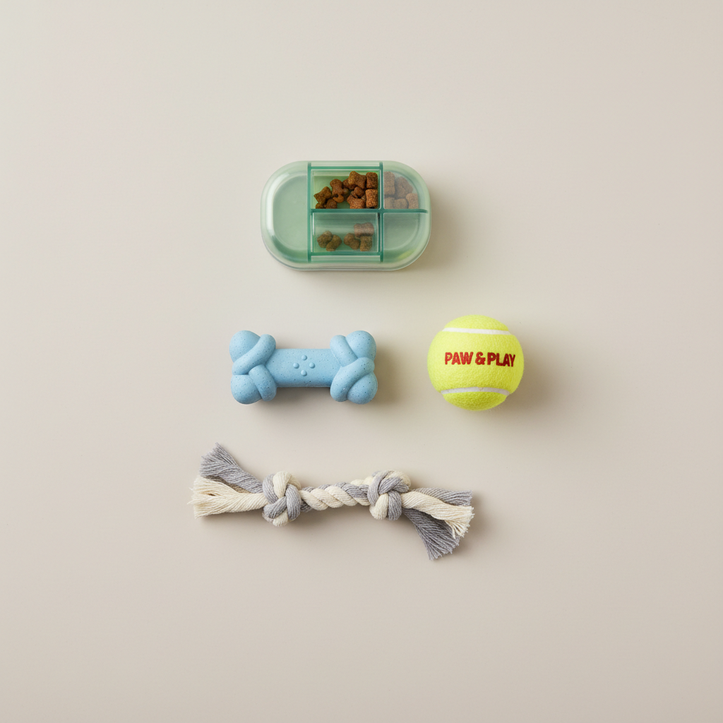 Assorted small dog toy types: rubber chew, mini ball, puzzle, tug