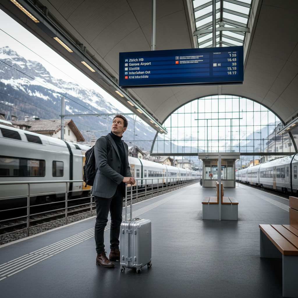 Traveler reading Swiss train platform signs with luggage in a clean station