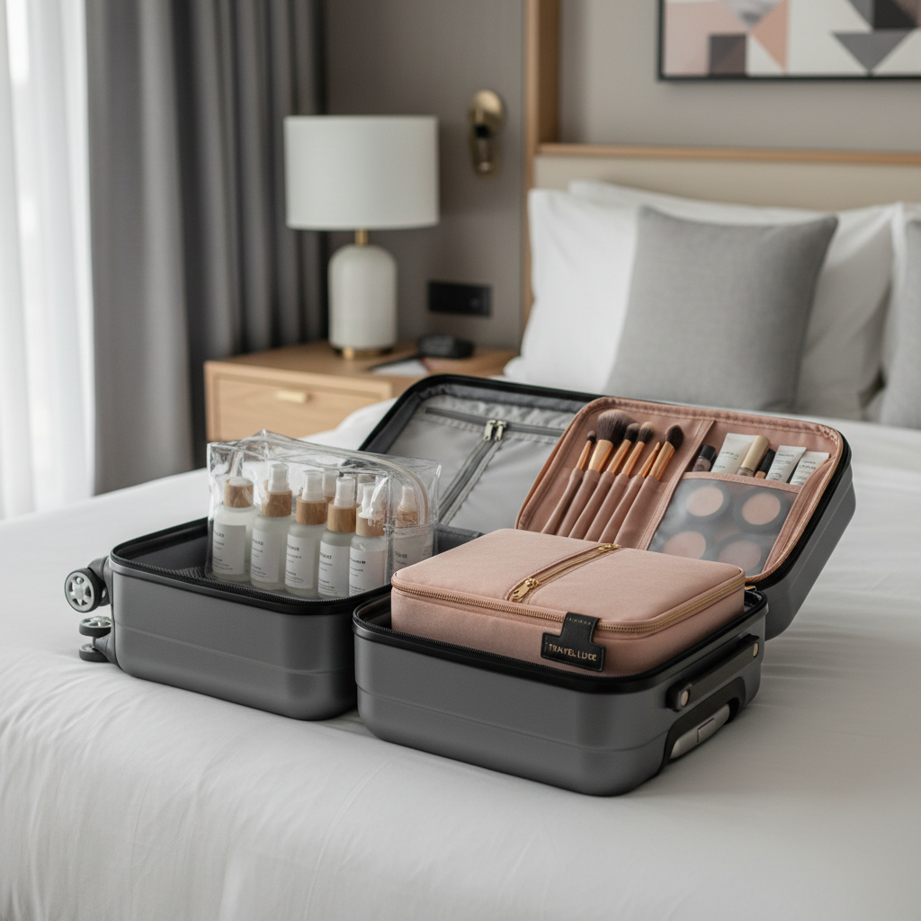 Two-piece travel system with TSA liquids pouch and separate makeup organizer on carry-on suitcase