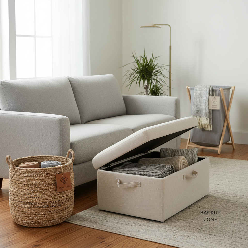 Living room blanket organization zones with basket, ottoman storage, and a small laundry hamper