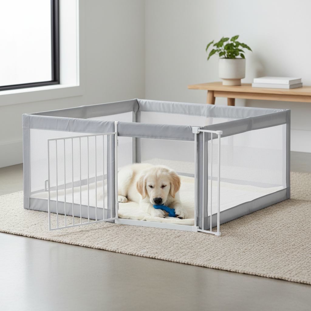 Puppy with a stuffed chew toy relaxing in a playpen to prevent hand biting