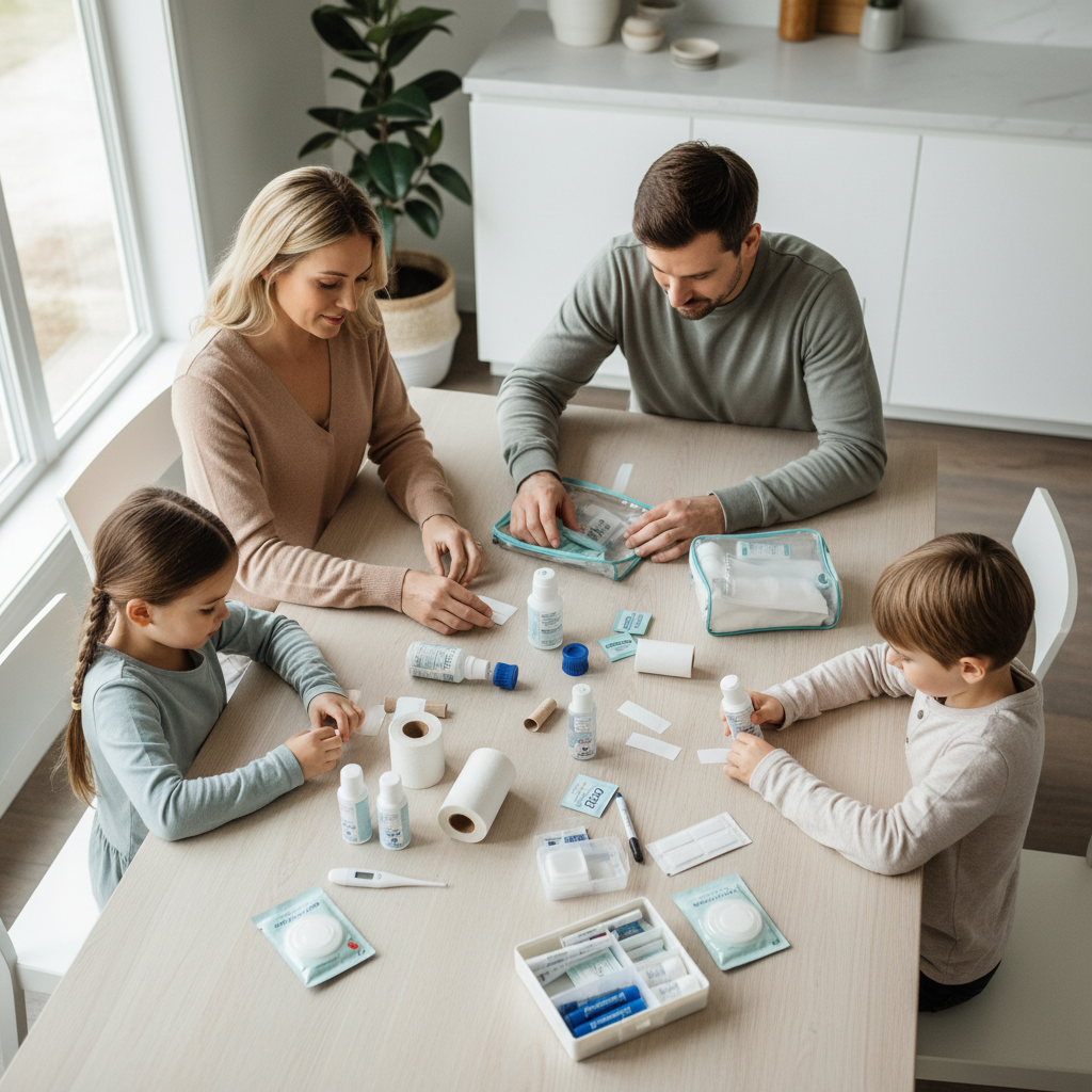 Family organizing a travel first aid kit on a kitchen table before a trip