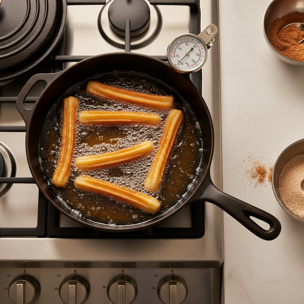 Overhead view of churros frying in oil with a thermometer showing 360°F