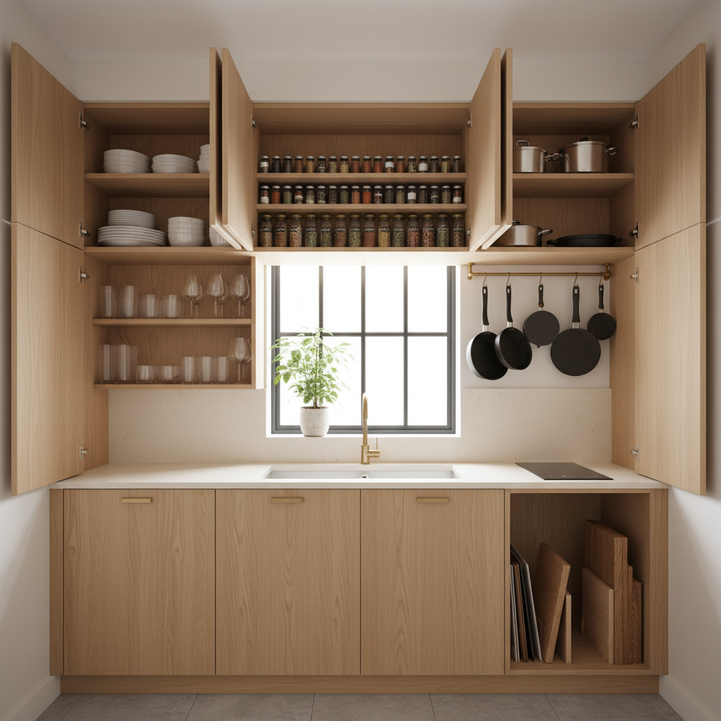 Small kitchen cabinets with tidy zones for dishes, cookware, and pantry items