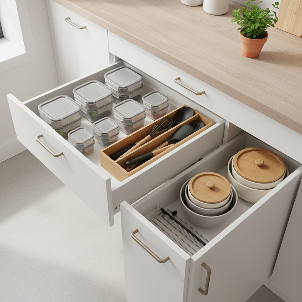 Drawer organization for small kitchens with stackable containers and nesting bowls
