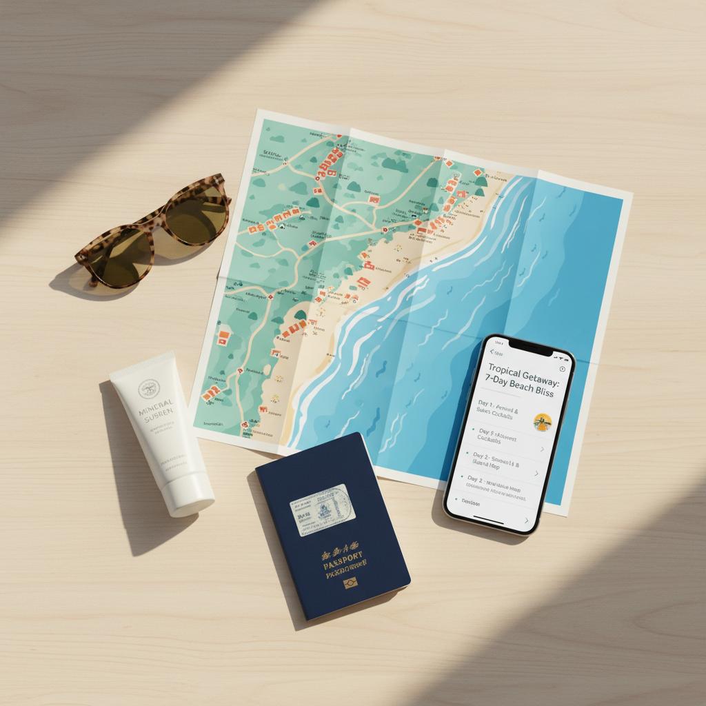 Sunny beach getaway planning map with travel essentials