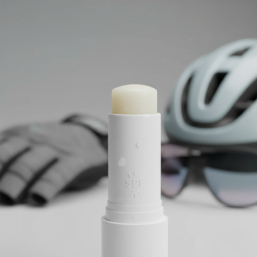 Close-up of SPF lip balm texture on a stick with cycling gear in background