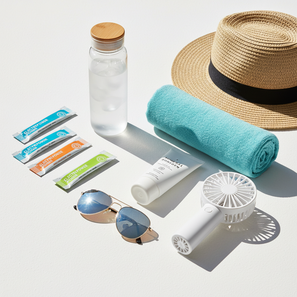 Travel cooling essentials laid out: electrolytes, sunscreen, cooling towel, hat and reusable bottle